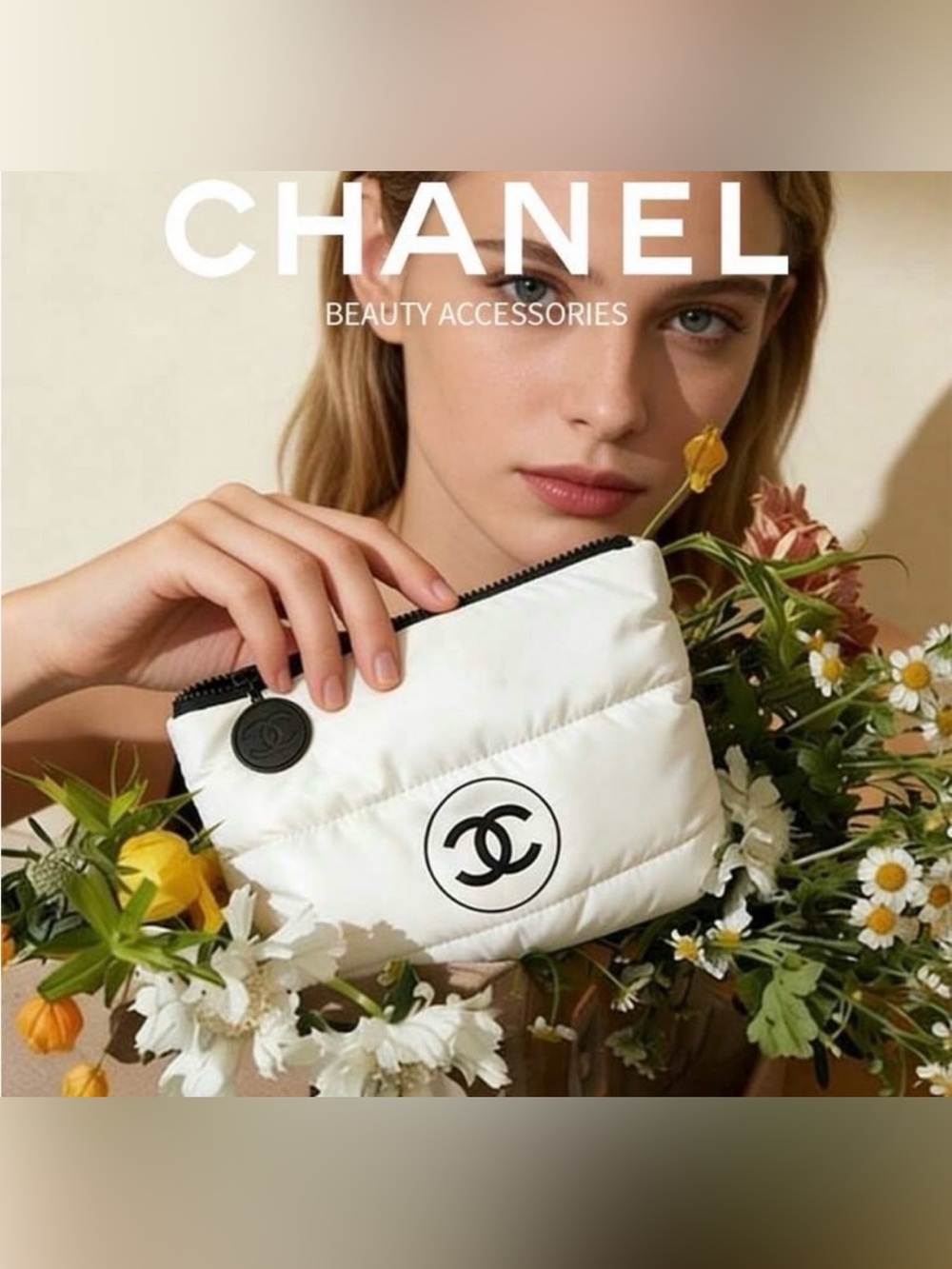 Chanel White Puffy Cosmetic Pouch - Iconic CC Logo